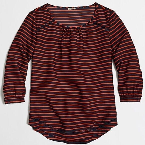 J. Crew Orange & Navy Blue Striped 3/4 Sleeve Popover Top Nautical Small - Picture 1 of 3